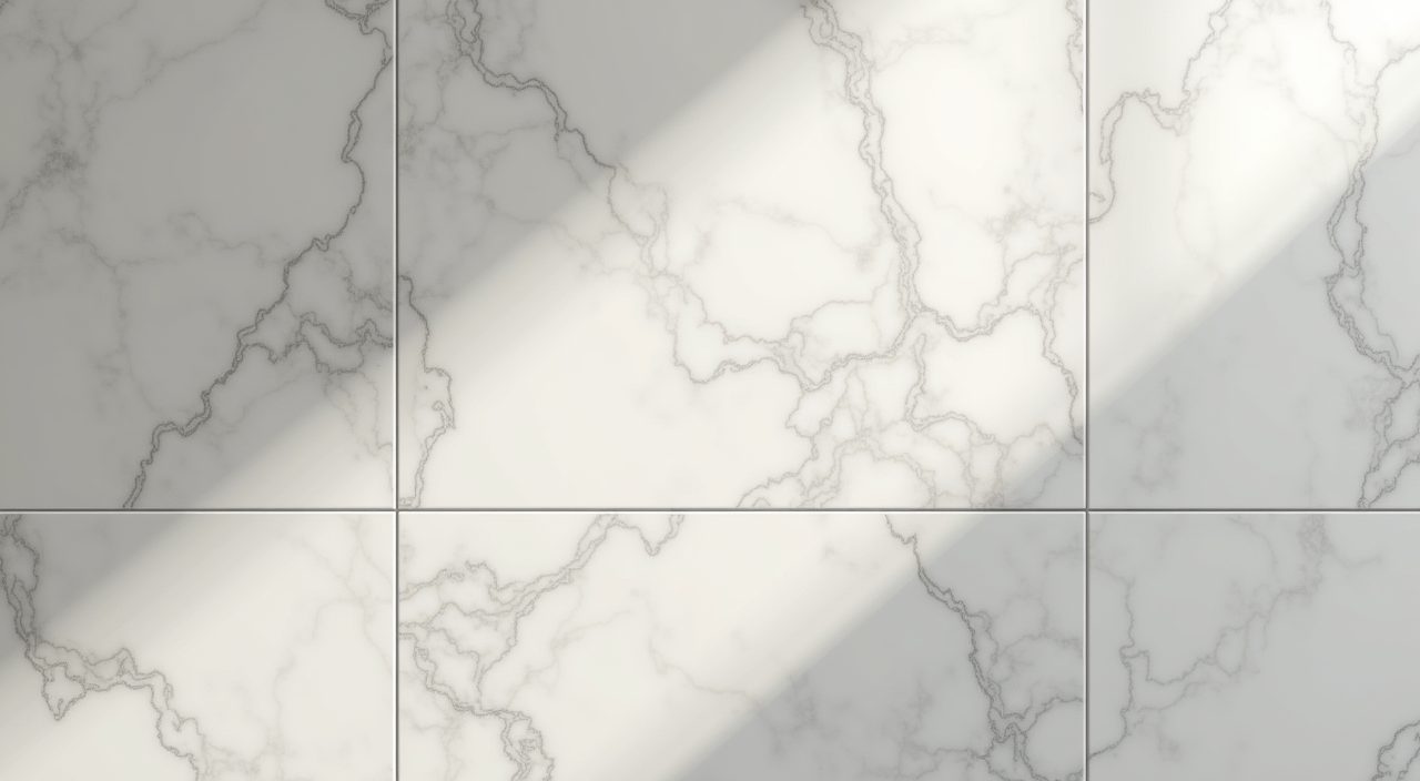 Close up of large format marble effect porcelain wall tiles with slim grout in a BTO bathroom