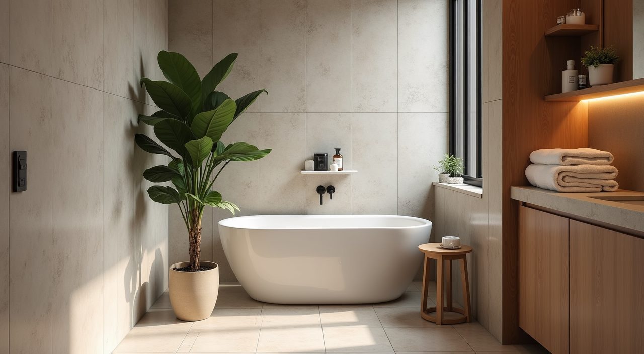 Calm corner nook with plant and towels in a contemporary Singapore BTO bathroom