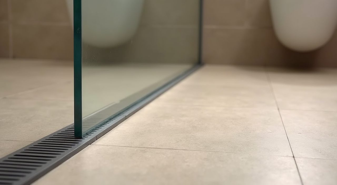Slip rated matte floor tiles and low shower kerb with linear drain in a BTO bathroom