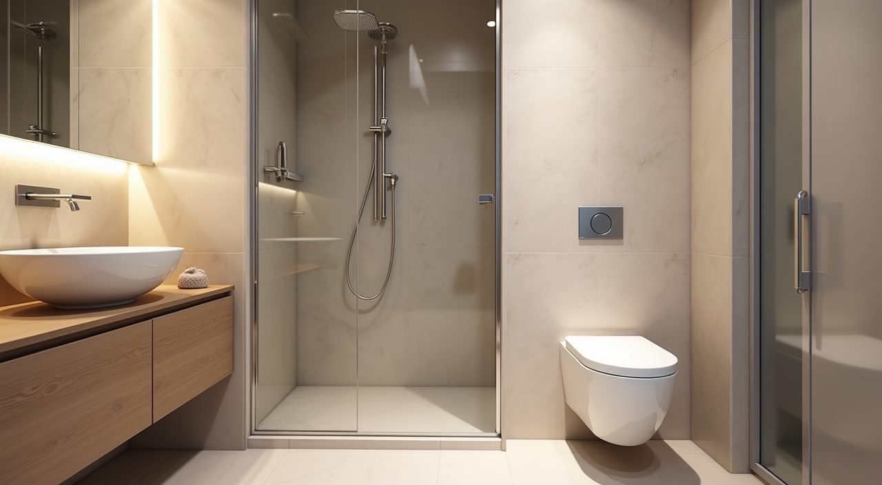 Compact BTO bathroom with a frameless glass panel dividing wet shower and dry zone