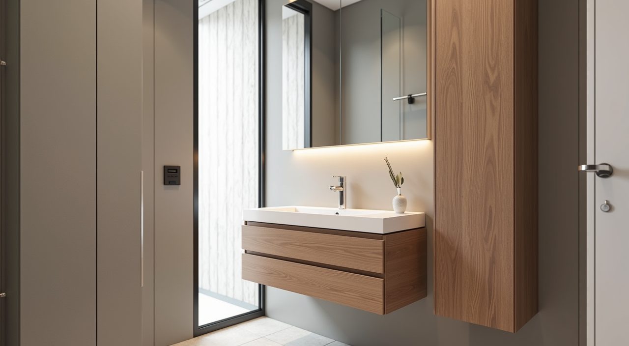Wall hung timber look vanity and tall mirror cabinet in a Singapore BTO bathroom
