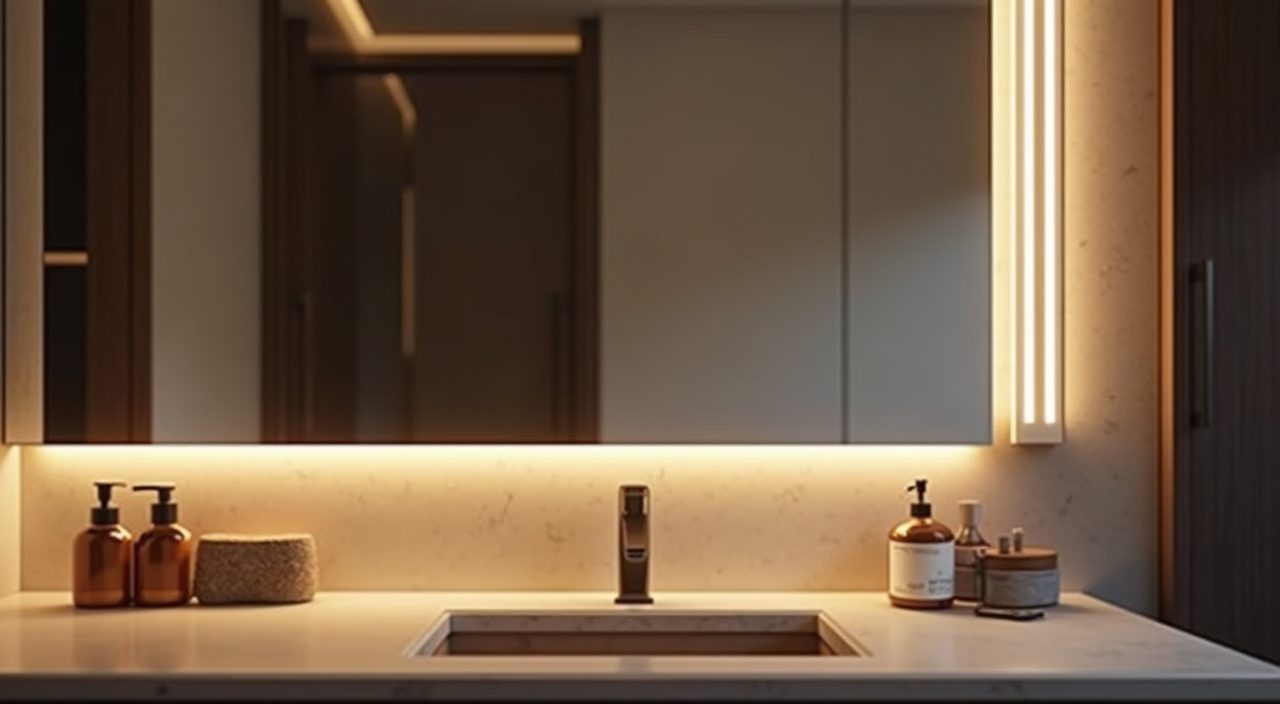 Backlit mirror and vertical LED strip lighting at a BTO bathroom vanity