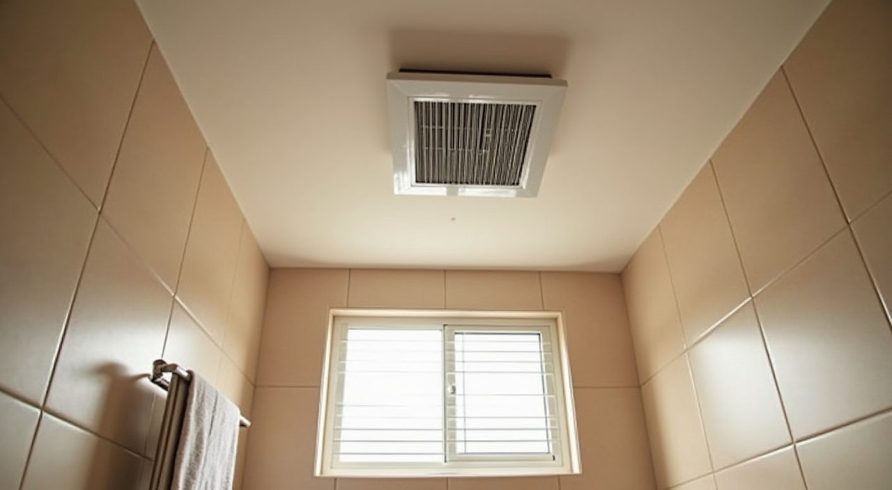 Ceiling exhaust fan and louvred window for ventilation in a Singapore BTO bathroom