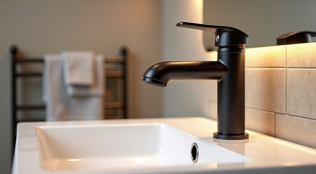Matte black basin tap and brushed fittings in a contemporary BTO bathroom