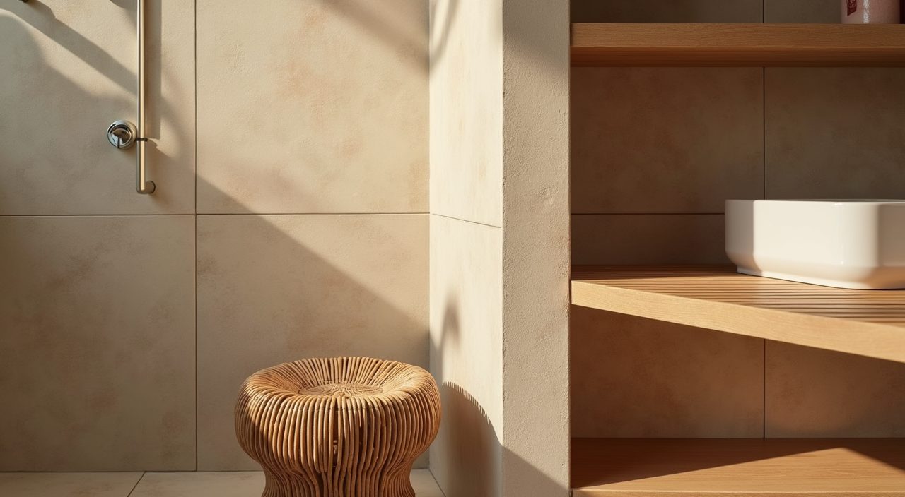Teak slatted shelf and rattan stool adding warm timber accent in a BTO bathroom