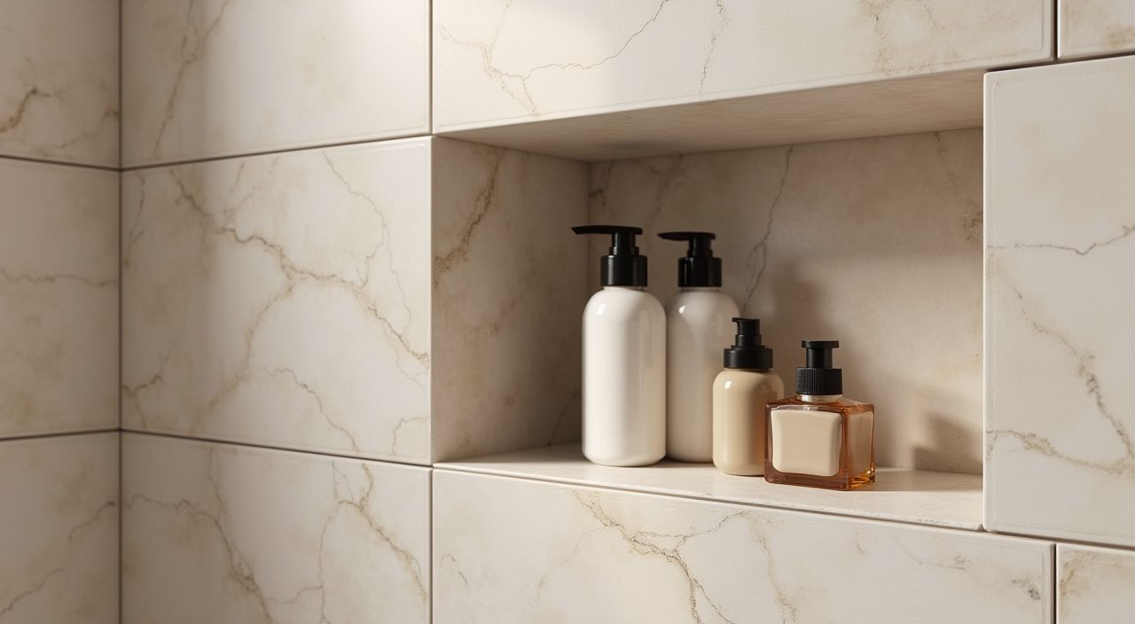 Recessed shower niche in large format tiled wall of a Singapore BTO bathroom