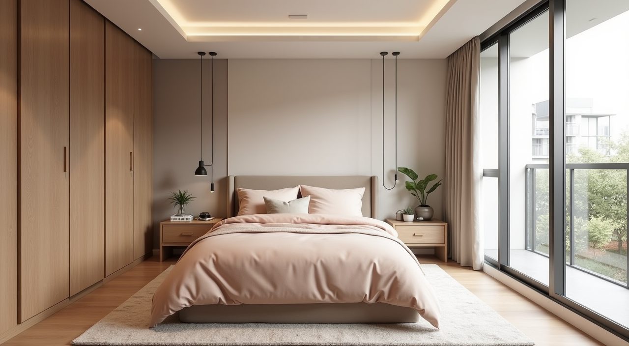 Contemporary Singapore BTO bedroom in a light warm-neutral greige and oat palette that makes the small room feel bigger