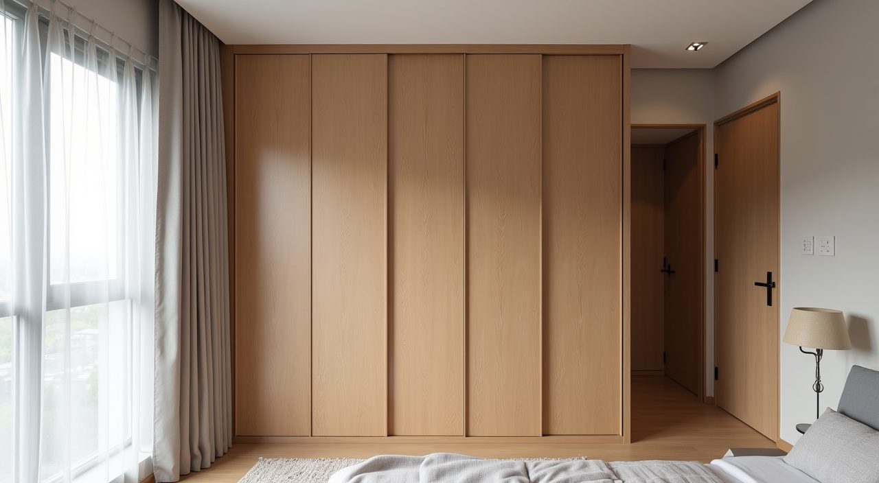 Contemporary Singapore BTO bedroom full-height sliding-door wardrobe in warm laminate running floor to ceiling