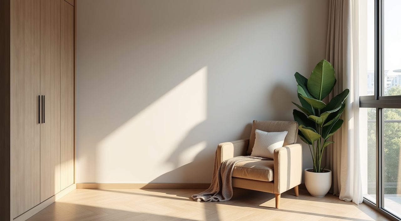 Cosy corner nook with an accent chair and indoor plant in a contemporary Singapore BTO bedroom