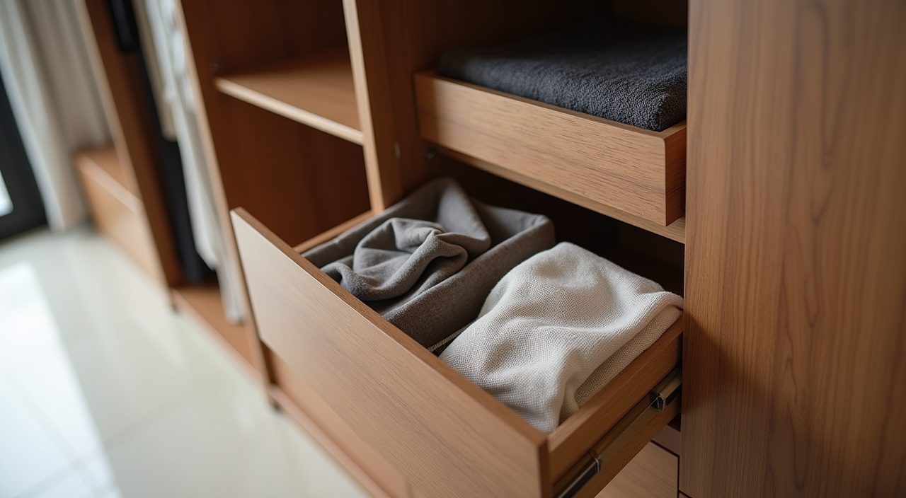Contemporary Singapore BTO bedroom wardrobe interior detail with pull-out baskets and a tall hanging section