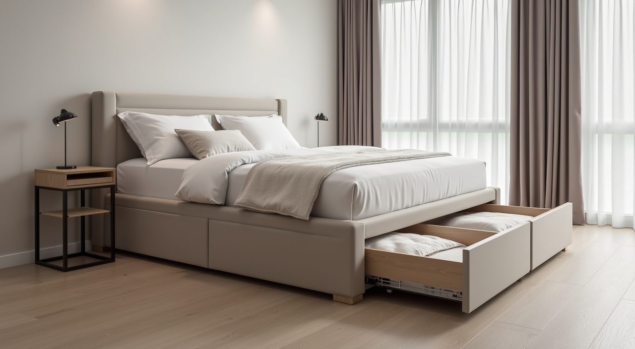 Contemporary Singapore BTO bedroom upholstered queen drawer bed with a side storage drawer open