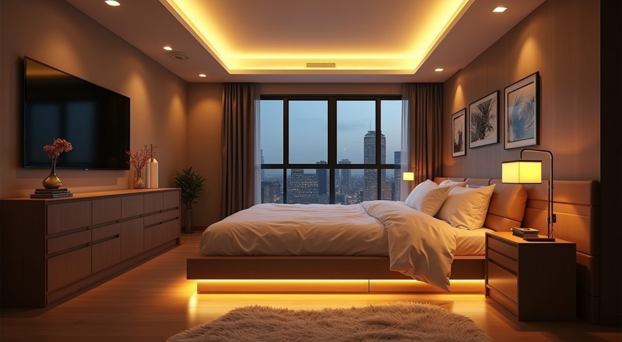 Contemporary Singapore BTO bedroom with layered warm 2700K lighting, bedside lamp and under-bed LED strip glow