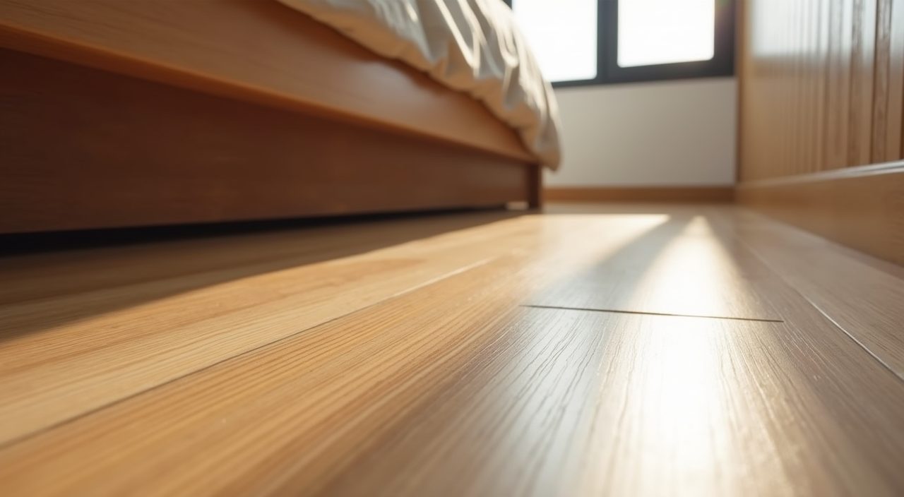 Close-up of warm timber-look SPC vinyl flooring detail in a contemporary Singapore BTO bedroom