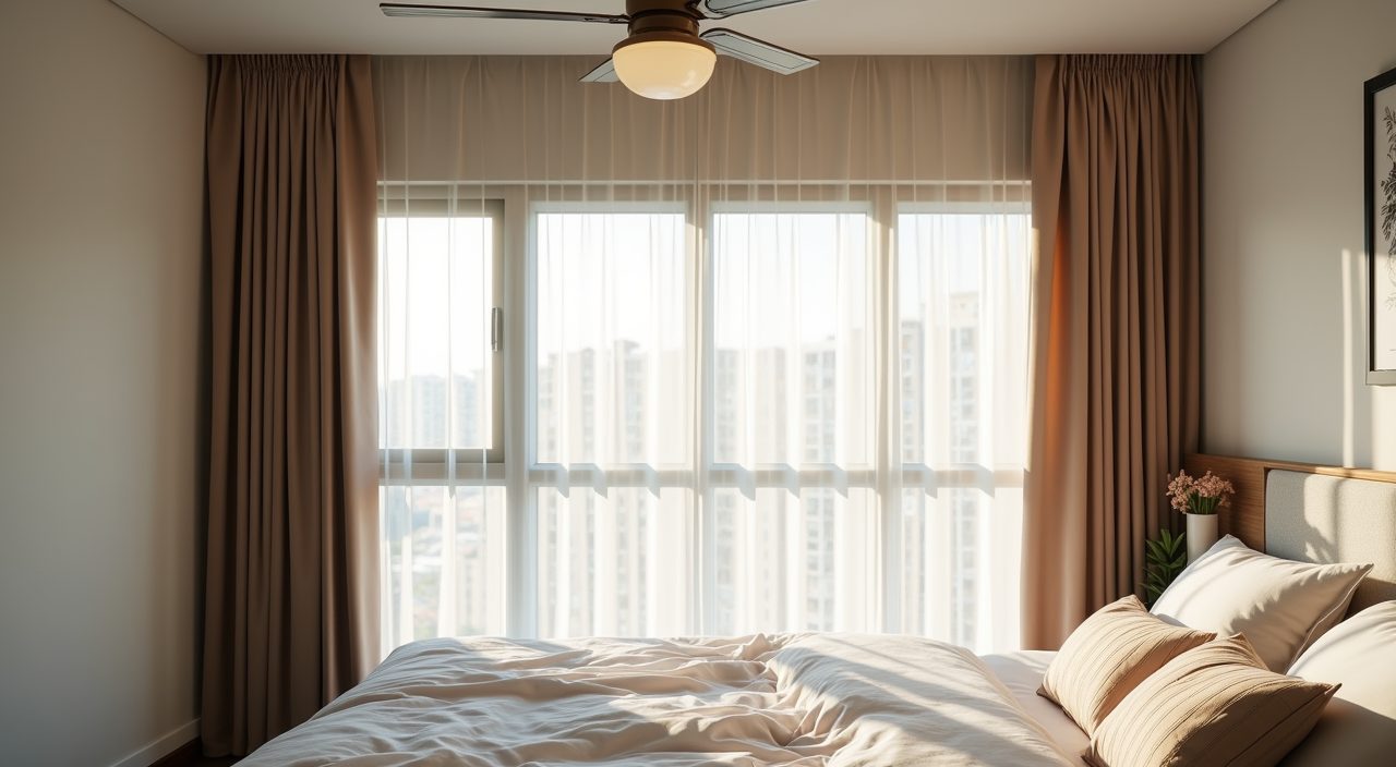Contemporary Singapore BTO bedroom window with sheer and blackout curtains controlling tropical sun and airflow
