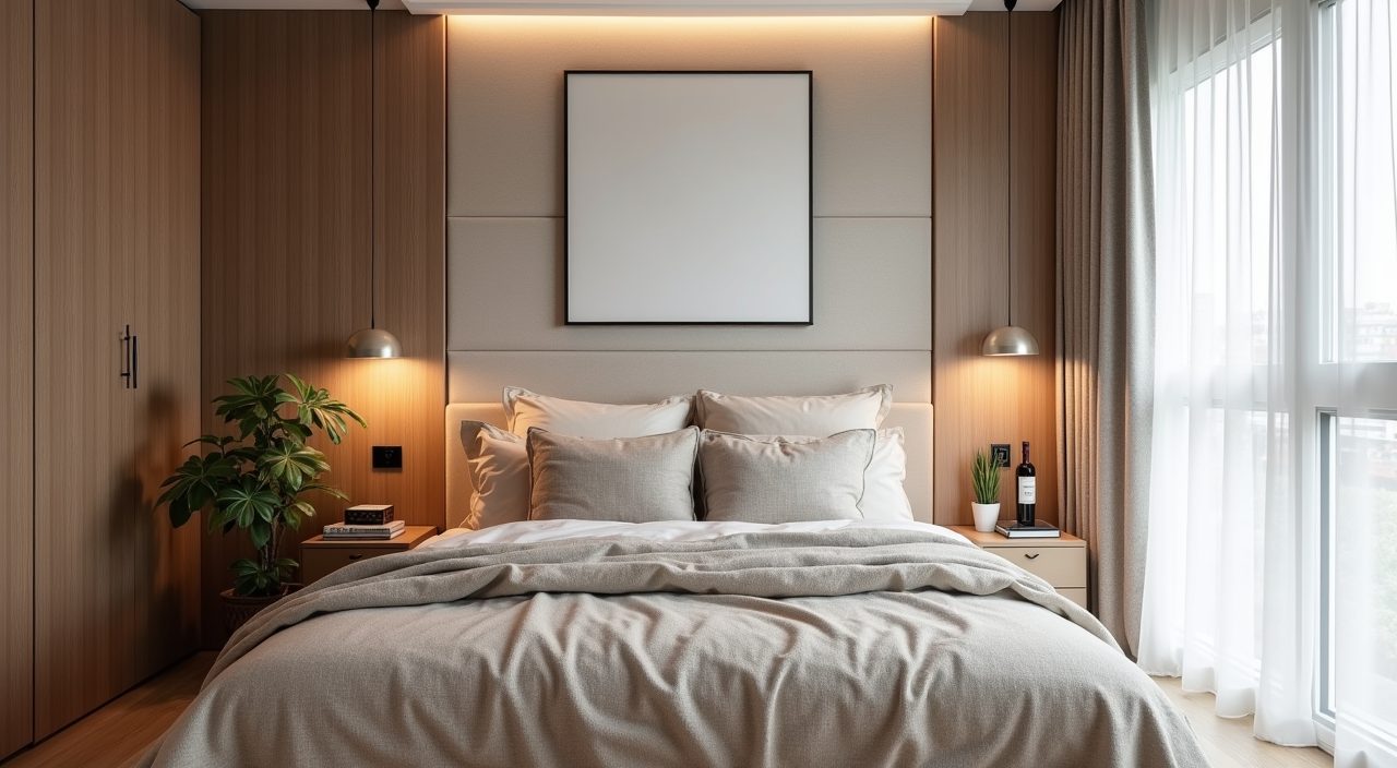 Contemporary Singapore BTO bedroom with a textured upholstered headboard, layered bedding and a single plant