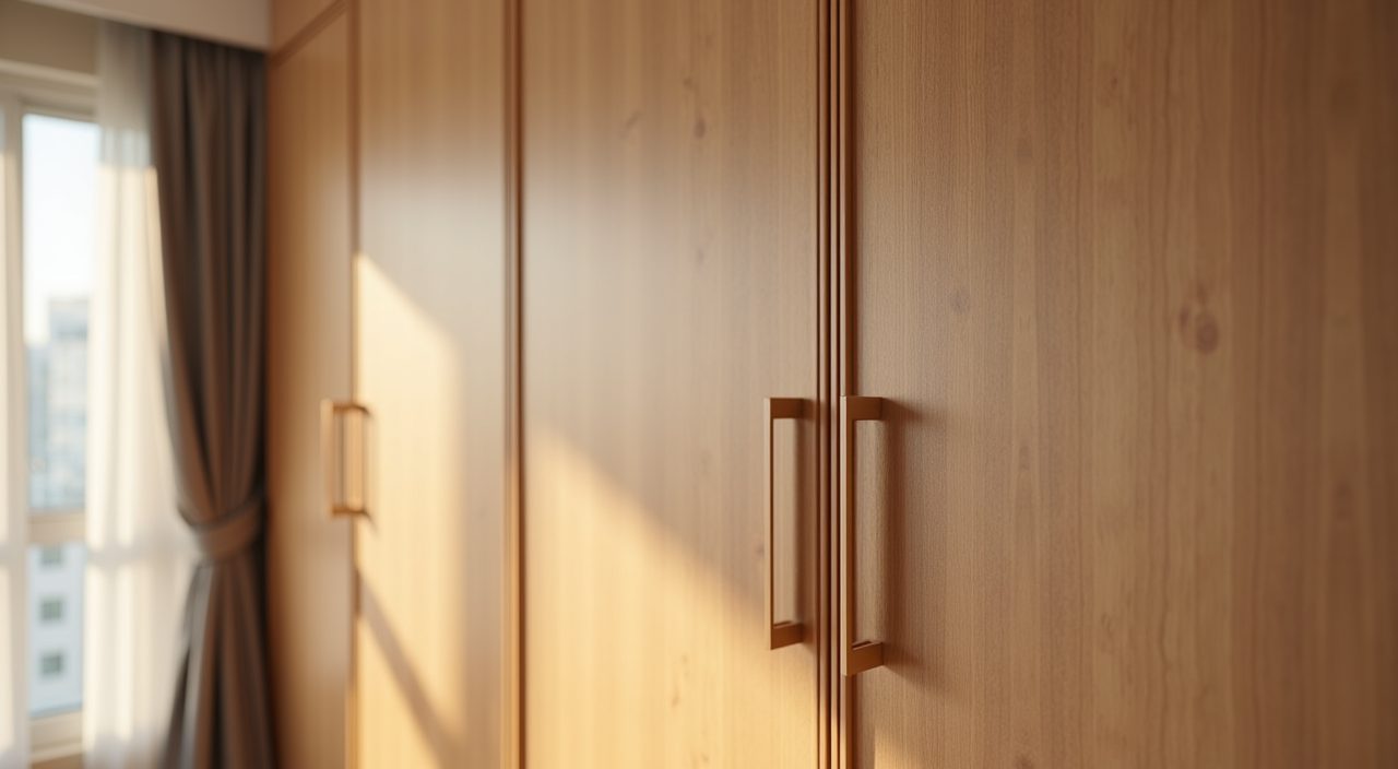 Close-up detail of warm wood-grain laminate wardrobe doors with recessed handles in a Singapore BTO bedroom