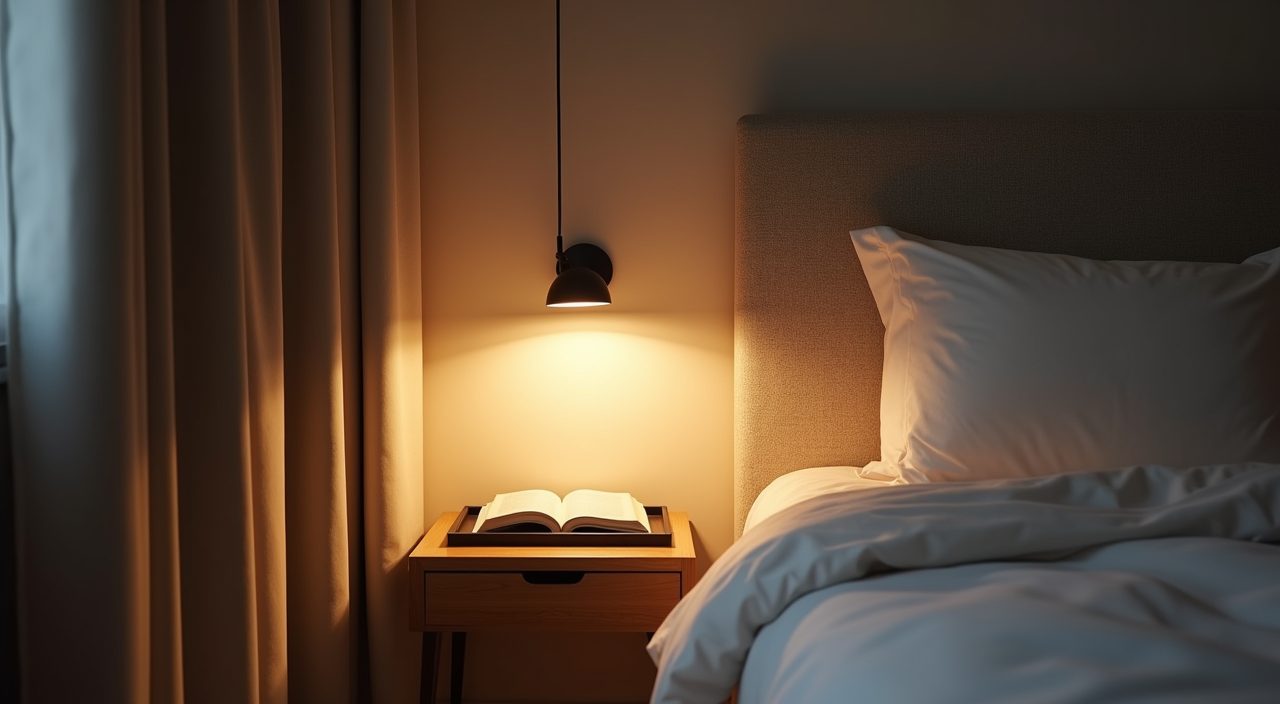 Warm 2700K bedside reading lamp detail beside a neutral headboard in a contemporary Singapore BTO bedroom