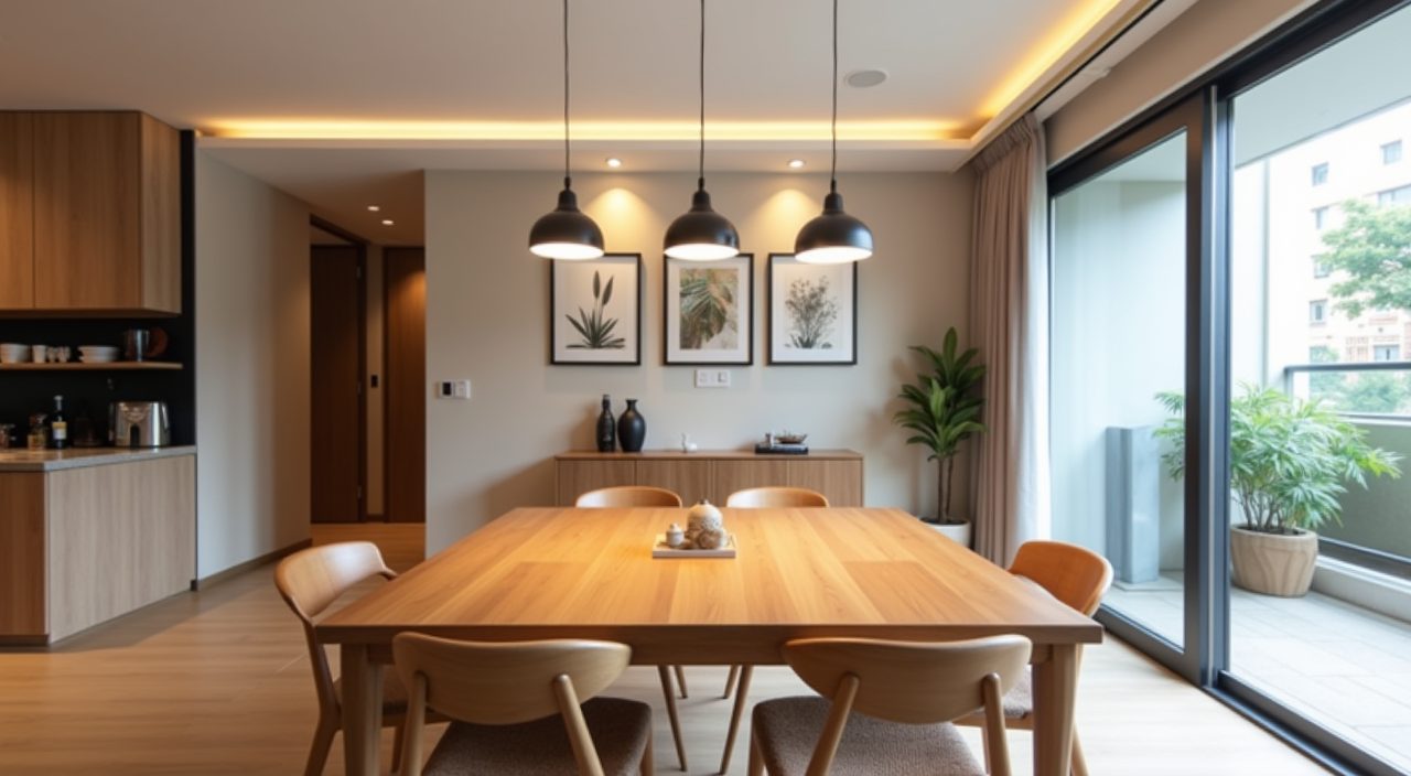 Contemporary BTO dining area with pendant lights hung low over a wood dining table