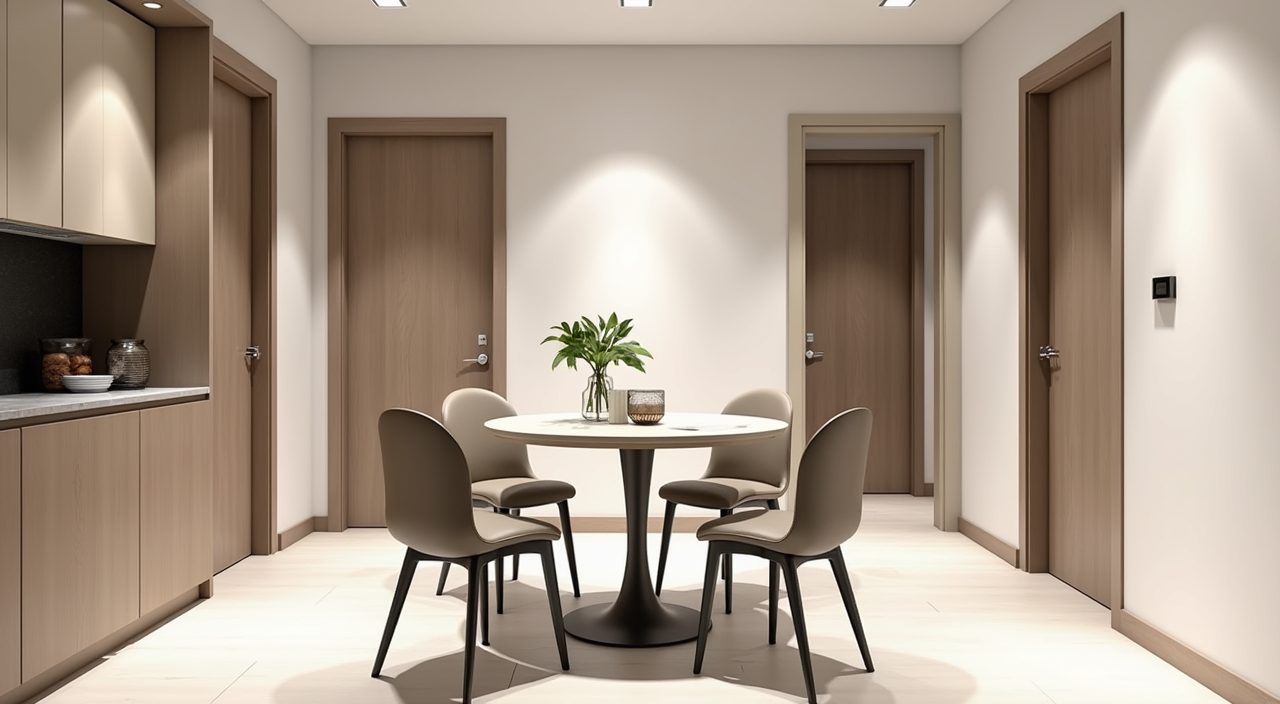 Contemporary BTO dining area with a round pedestal table and clear walkway around the seats