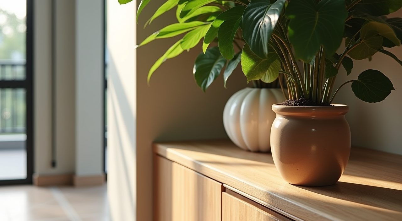 Cosy BTO dining nook corner with a potted plant and woodgrain sideboard