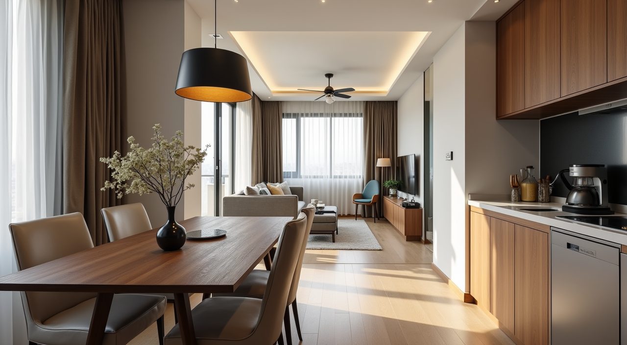 Wide view of a contemporary BTO dining area with a dark timber table accent seen from the kitchen entrance