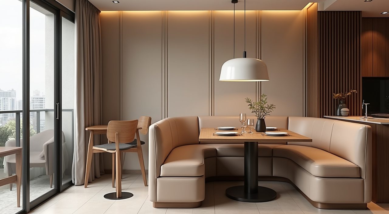 Contemporary BTO dining area with a built-in banquette bench against the wall and table tucked in