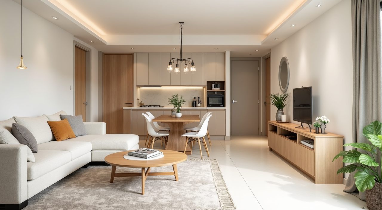 Contemporary BTO open living-dining with a continuous warm neutral palette across both zones