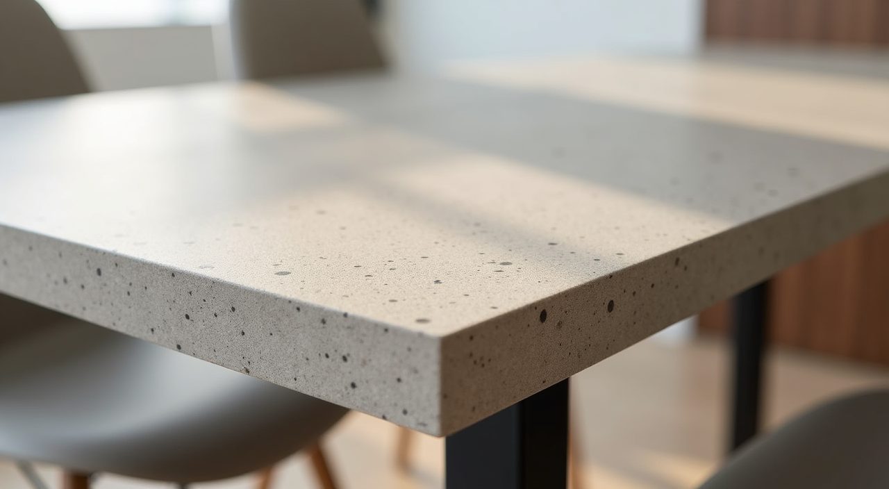 Close up of a matte sintered stone BTO dining tabletop with powder-coated metal legs