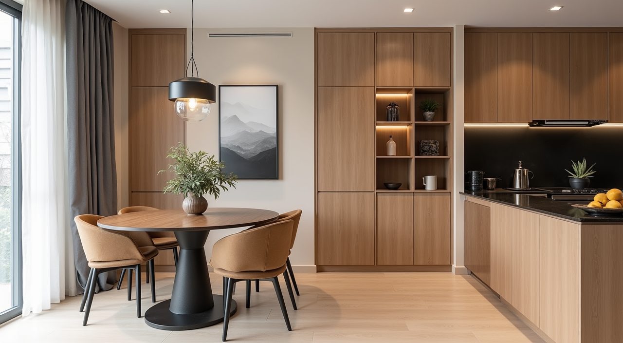 Contemporary BTO dining area with a slim woodgrain sideboard feature wall and open display niche