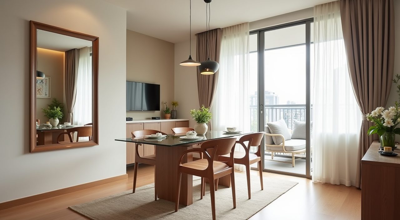 Contemporary BTO dining corner with a framed mirror and glass-topped table stretching the space