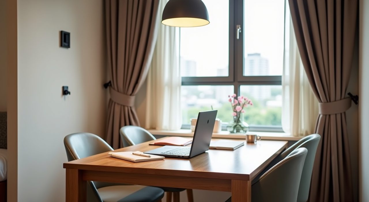 Contemporary BTO dining table doubling as a work and study spot with nearby power points