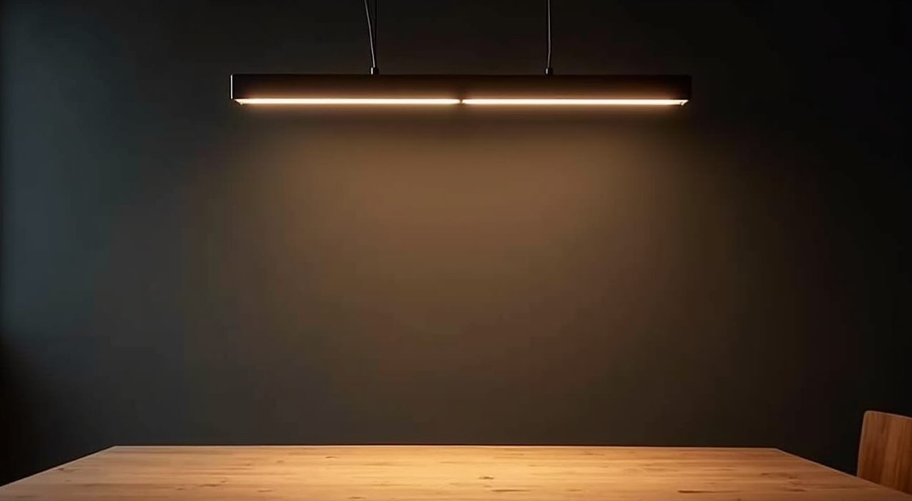 Close up of a warm white linear pendant light over a BTO dining table