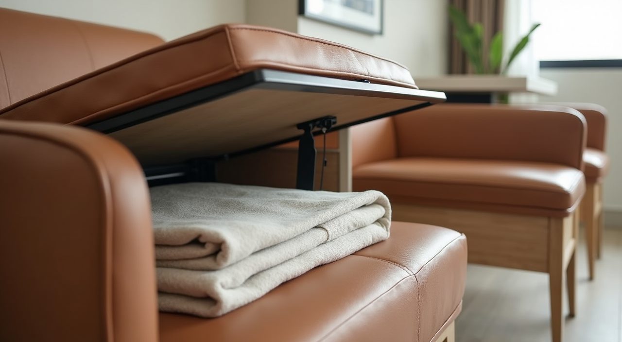 Close up of lift-up storage under a BTO dining banquette bench holding table linen