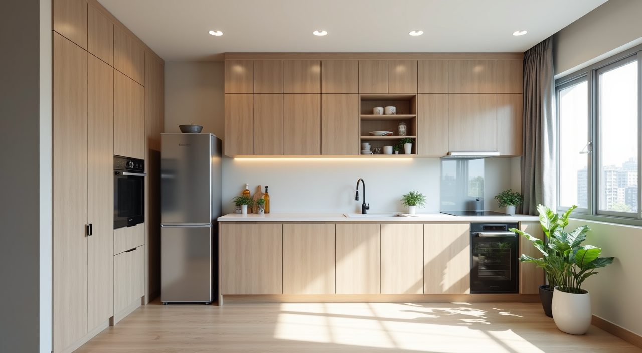 Contemporary Singapore BTO galley kitchen wide shot showing single wall layout with sink hob and fridge work triangle