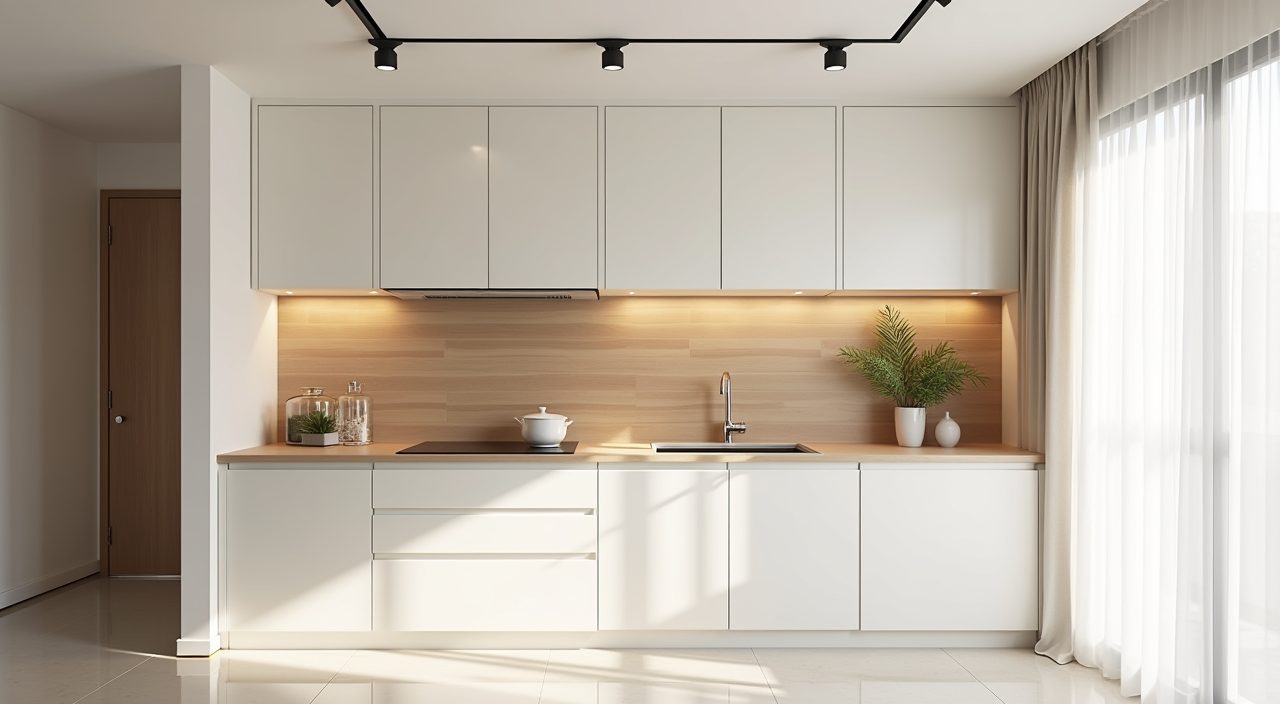 Contemporary Singapore BTO kitchen with light white palette and single fluted timber feature backsplash