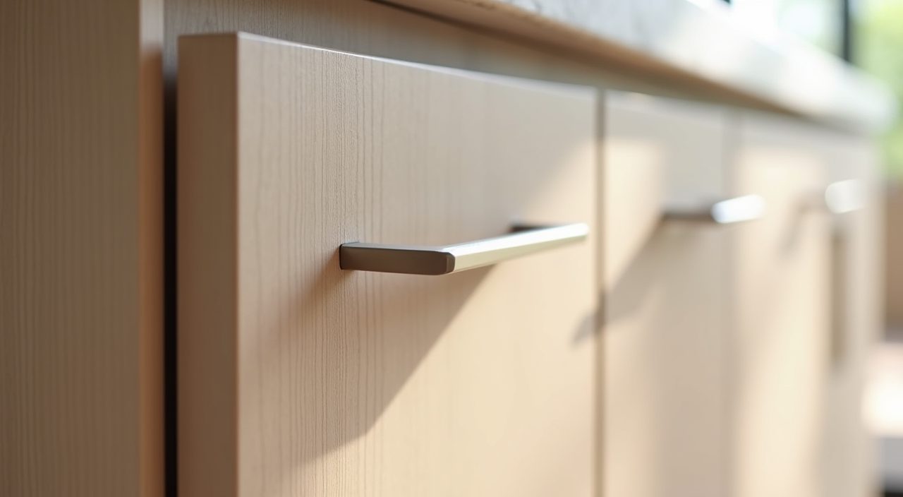 Close up of warm greige laminate cabinet door and recessed handle in a contemporary Singapore BTO kitchen
