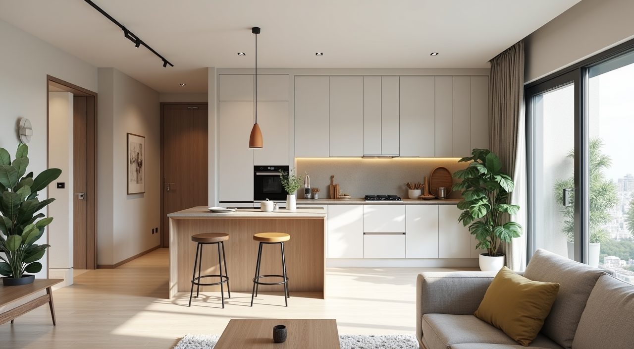 Wide mood shot of a bright contemporary Singapore BTO open plan kitchen viewed from the living area