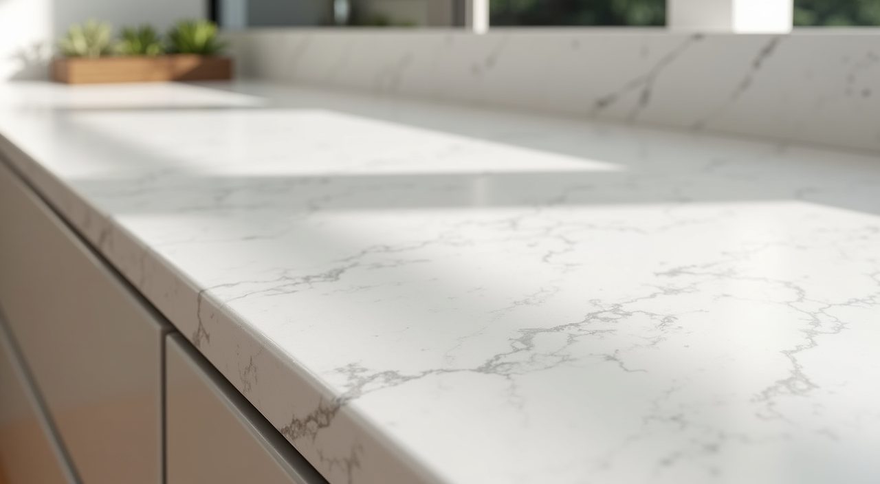 Close up of white quartz countertop detail in a contemporary Singapore BTO kitchen