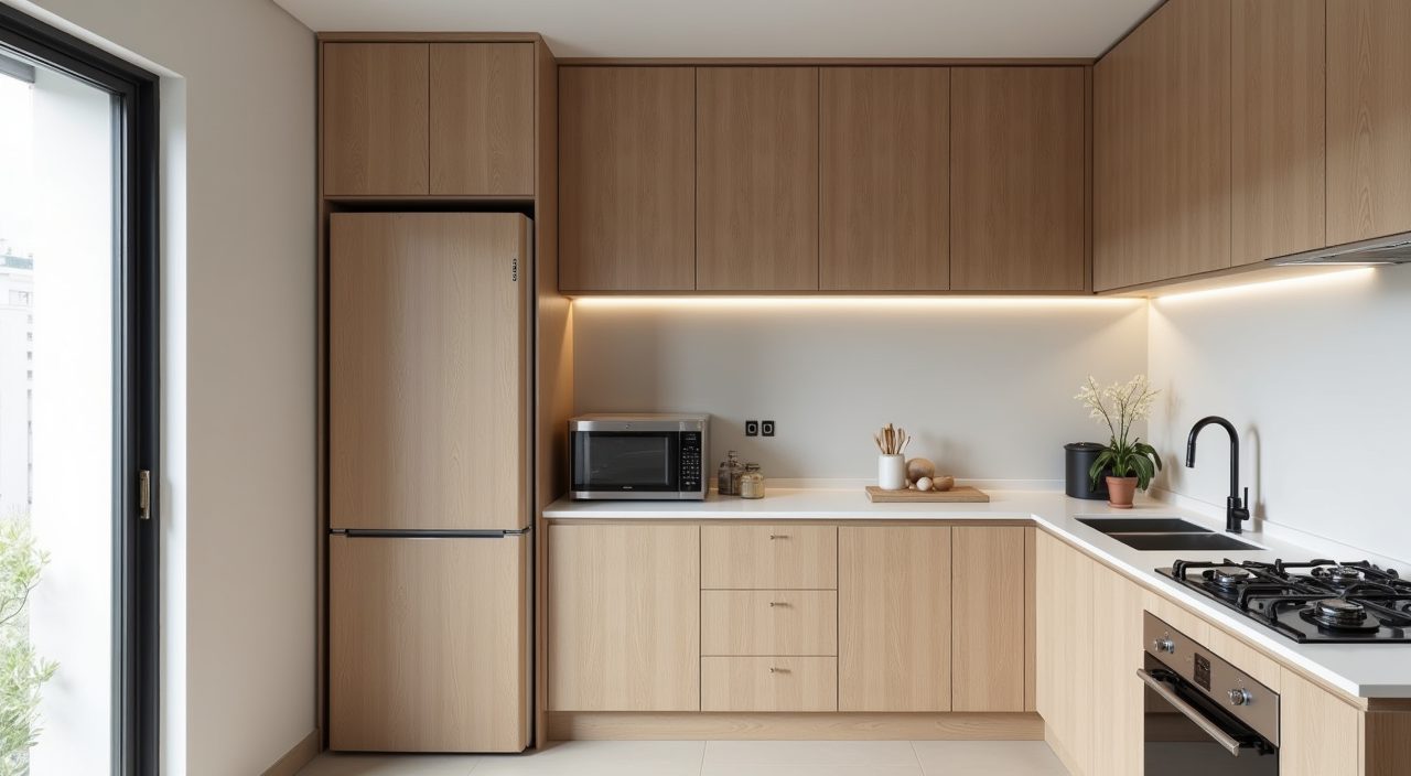 Contemporary Singapore BTO kitchen with full height floor to ceiling storage and tall pantry column