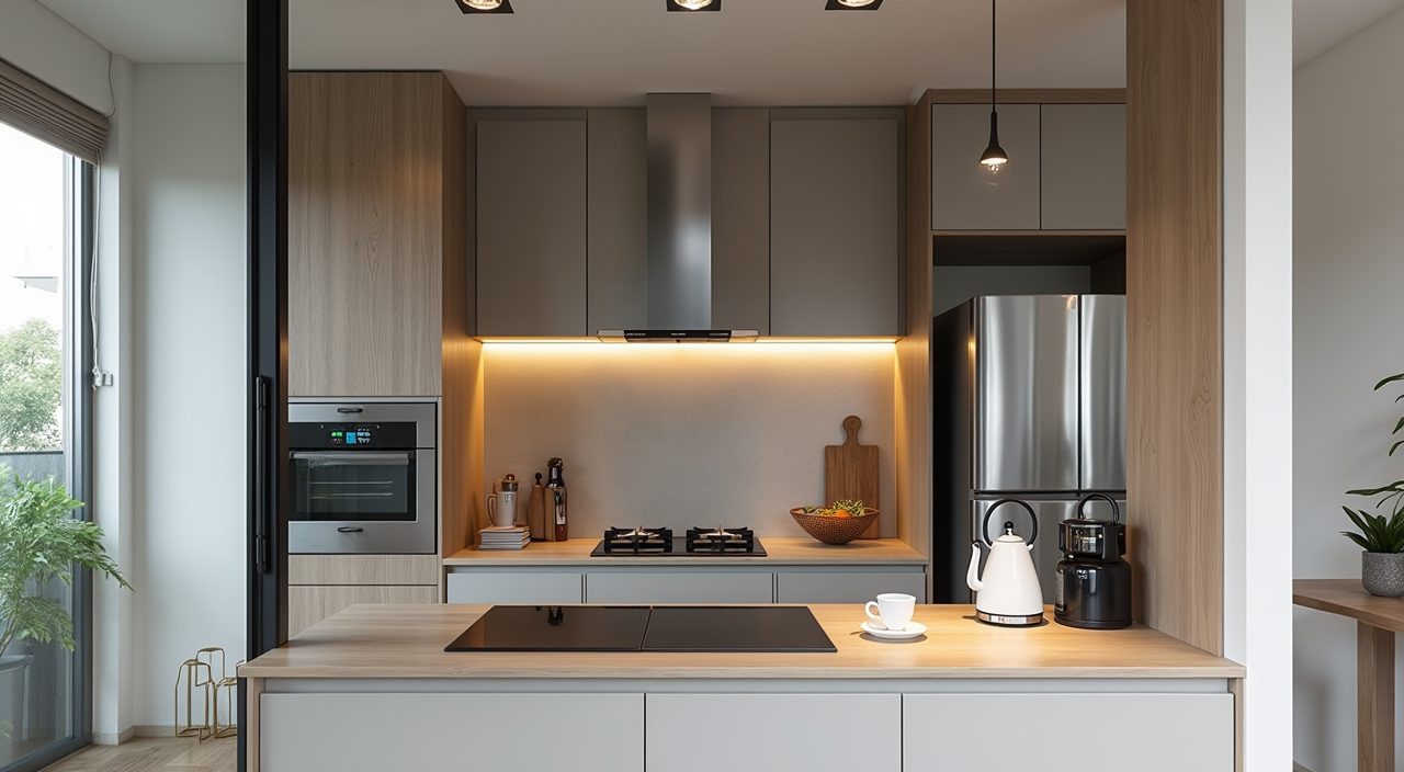 Contemporary Singapore BTO kitchen with glass partition separating wet kitchen and dry kitchen