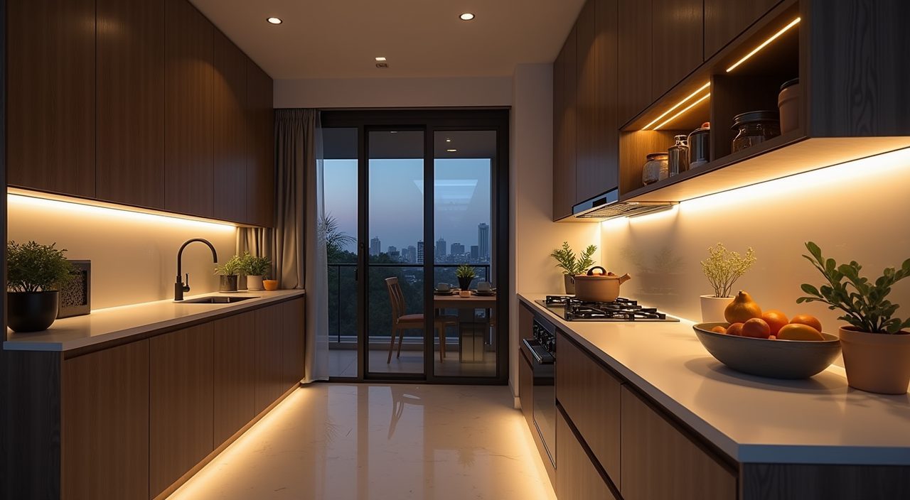 Contemporary Singapore BTO kitchen showing layered lighting with under cabinet LED strips over the counter