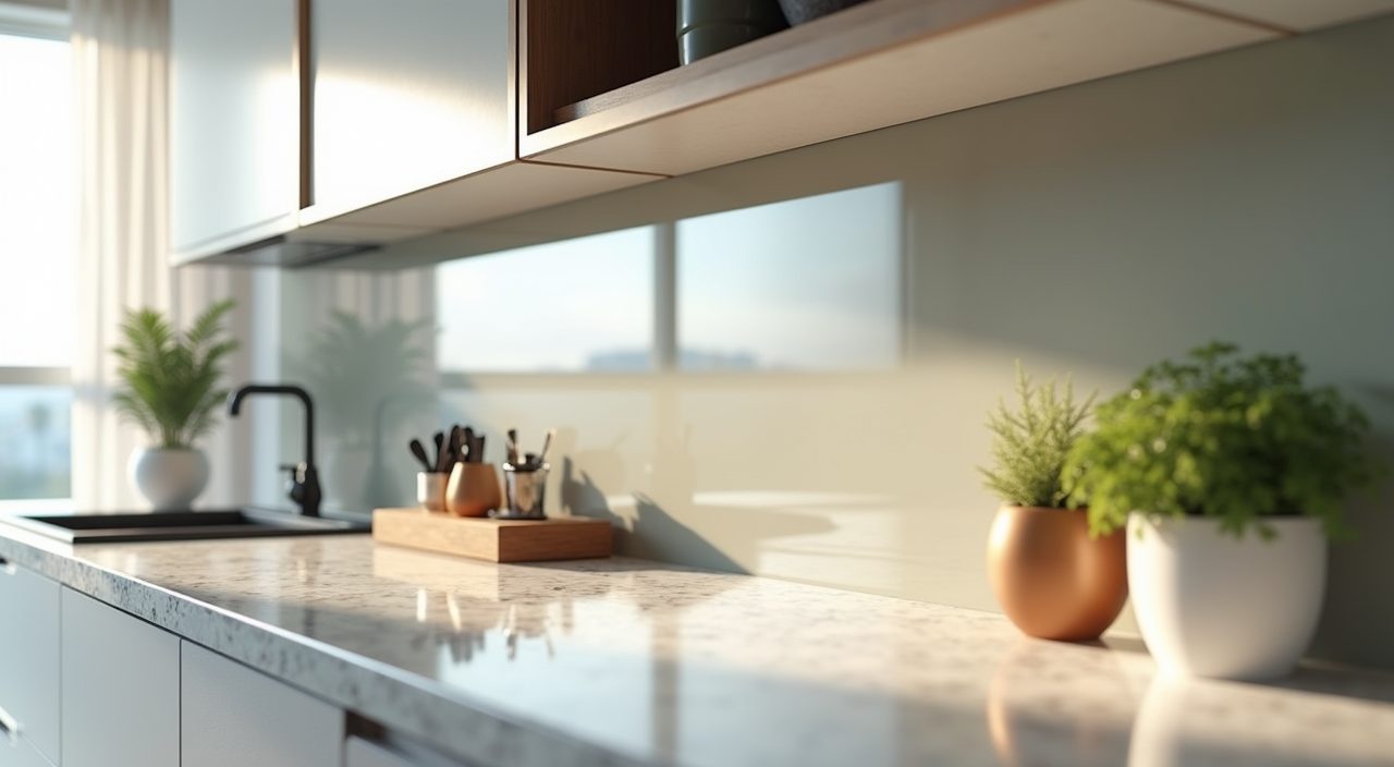 Close up of tempered glass backsplash and acrylic cabinet finish in a contemporary Singapore BTO kitchen
