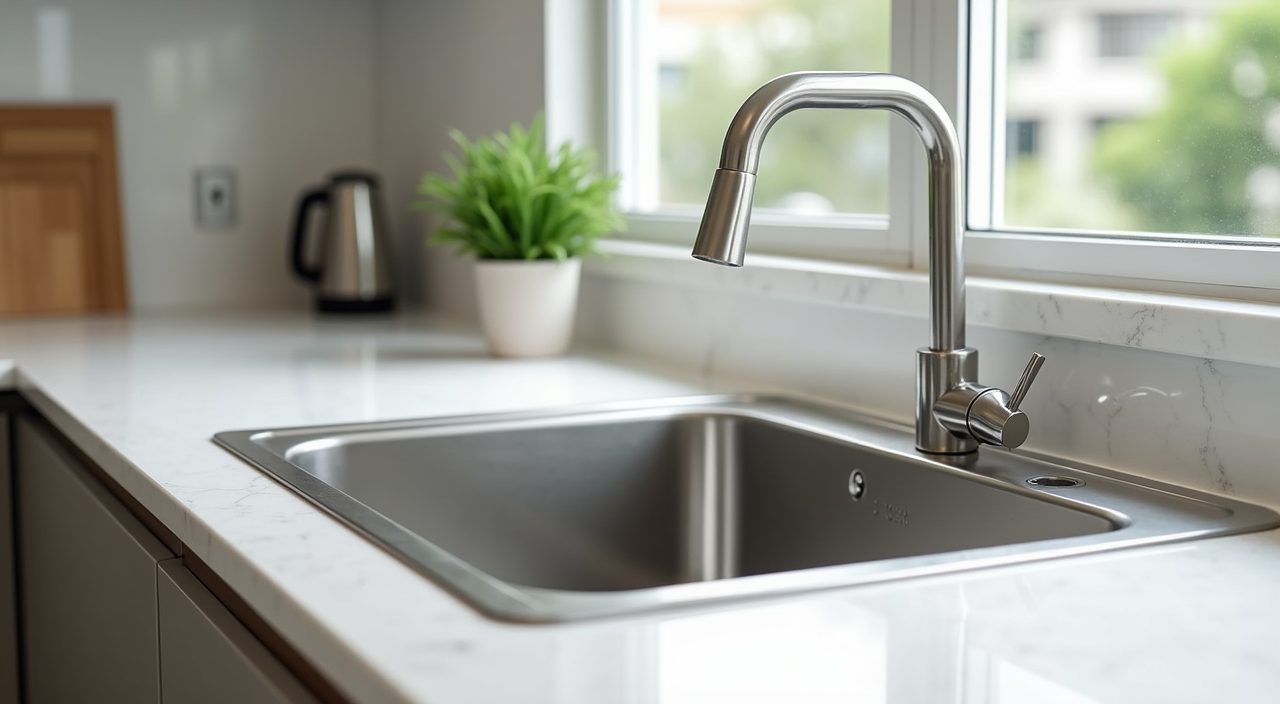 Deep single bowl sink and counter power points detail in a contemporary Singapore BTO kitchen