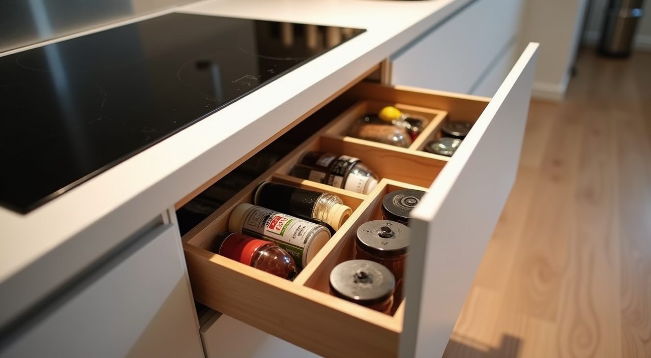 Slim pull out storage drawer detail beside the hob in a contemporary Singapore BTO kitchen