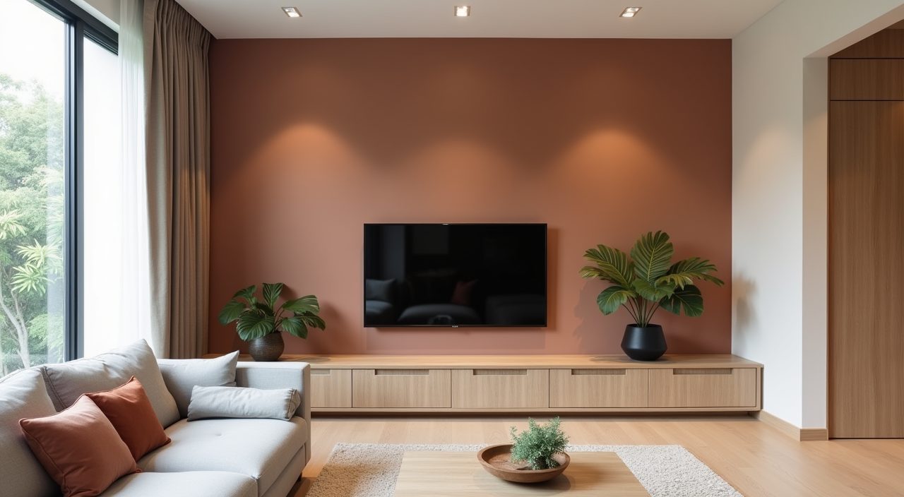 Contemporary Singapore BTO living room with warm greige and off-white walls and a muted clay accent wall