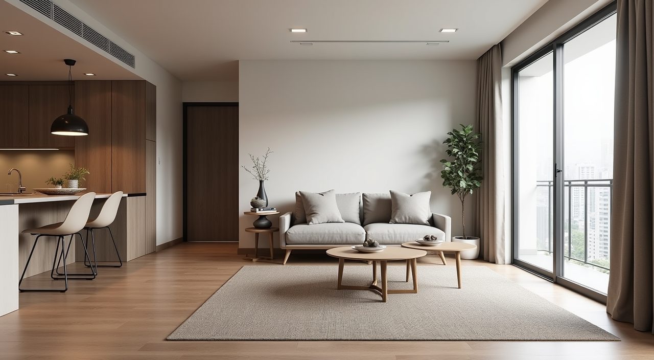 Contemporary Singapore BTO open living dining layout with a floated sofa, zoning rug and dining pendant