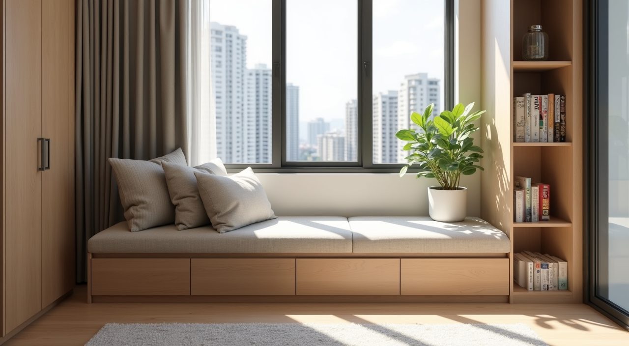 Under-window storage bench with cushion seating detail in a contemporary Singapore BTO living room