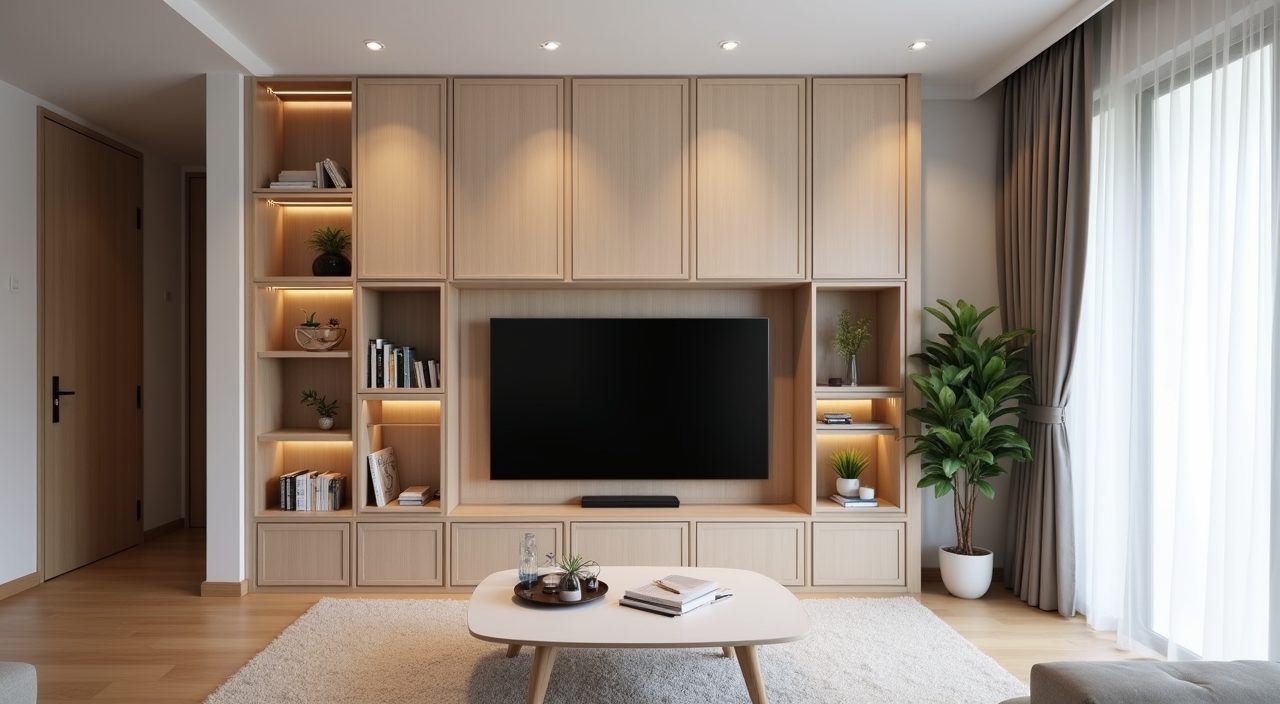 Contemporary Singapore BTO living room full-height carpentry storage wall with closed cabinets and open display niches