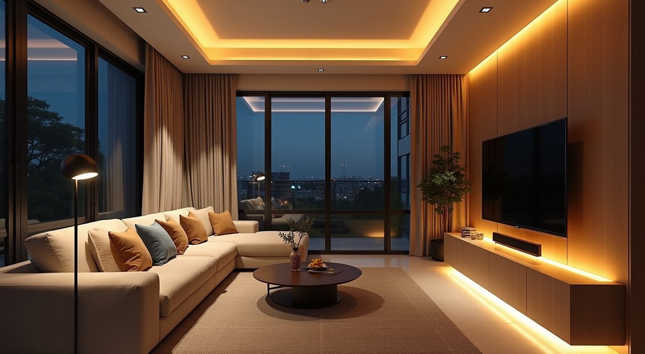 Contemporary Singapore BTO living room evening lighting with downlights, floor lamp and warm LED strip glow
