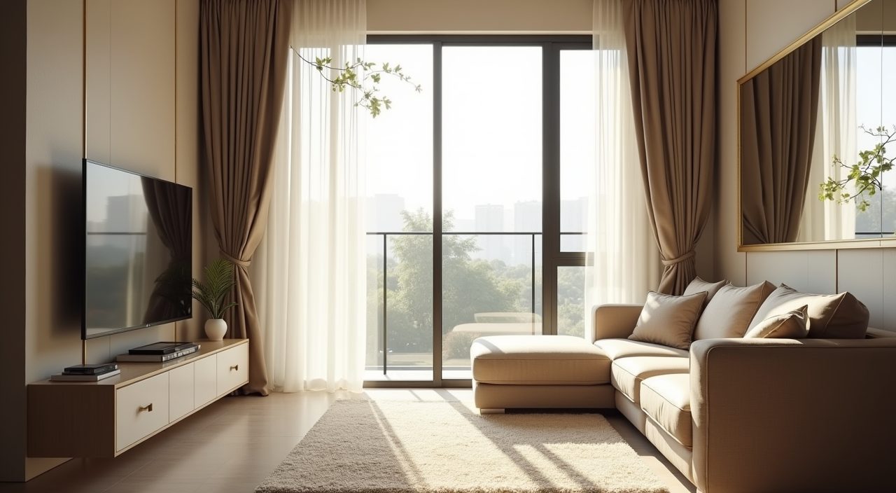Contemporary Singapore BTO living room with sheer curtains, large window daylight and a light-bouncing mirror